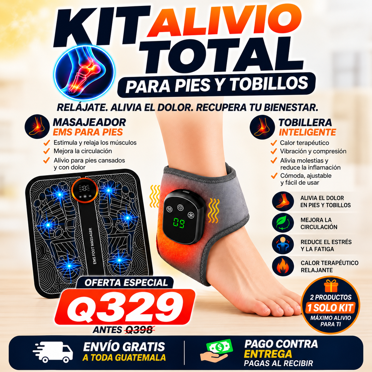 Kit Alivio Total™ | Masajeador EMS para Pies + Tobillera Inteligente con Calor + ENVÍOS GRATIS 🎁