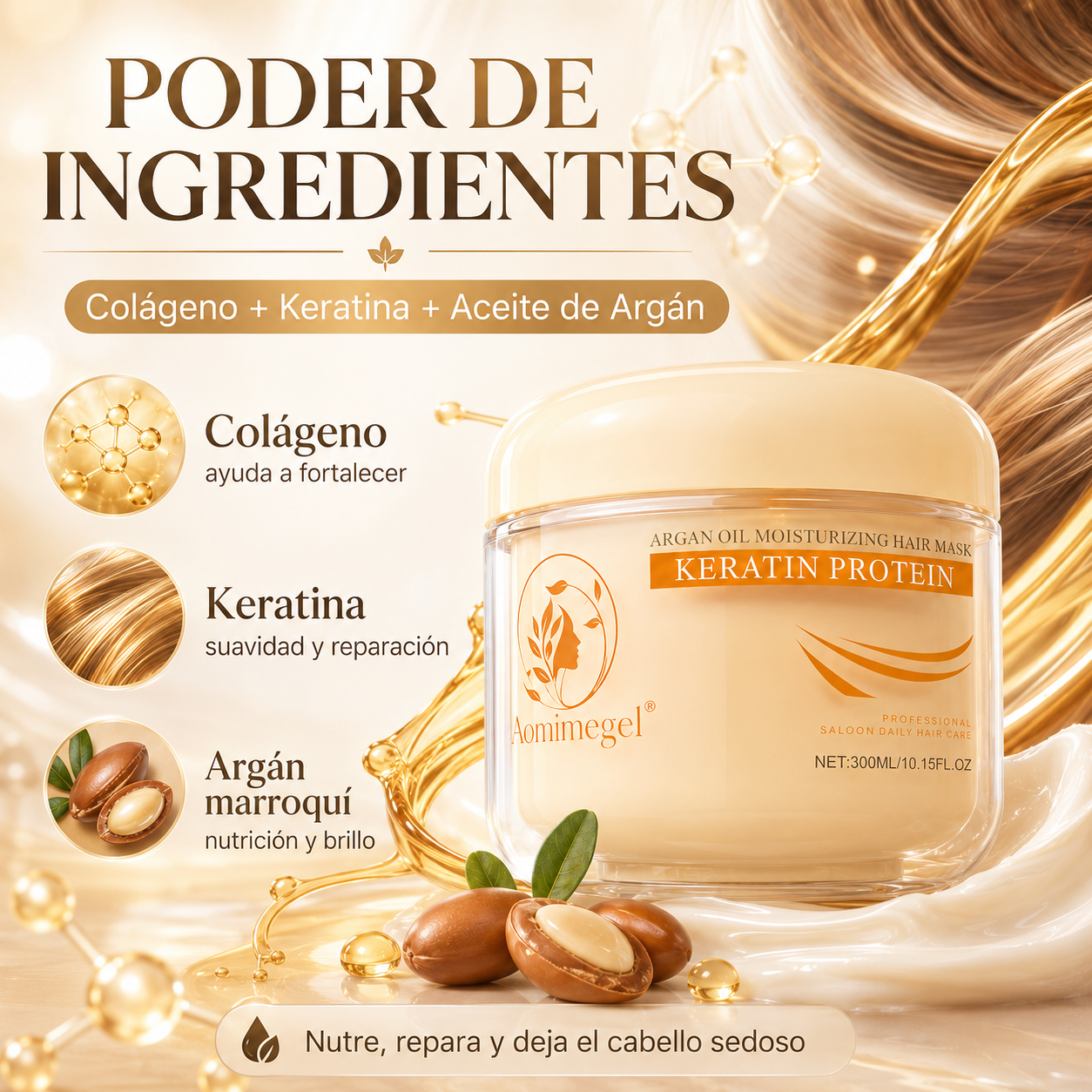 Mascarilla Capilar Aomimegel con Colágeno, Keratina y Aceite de Argán