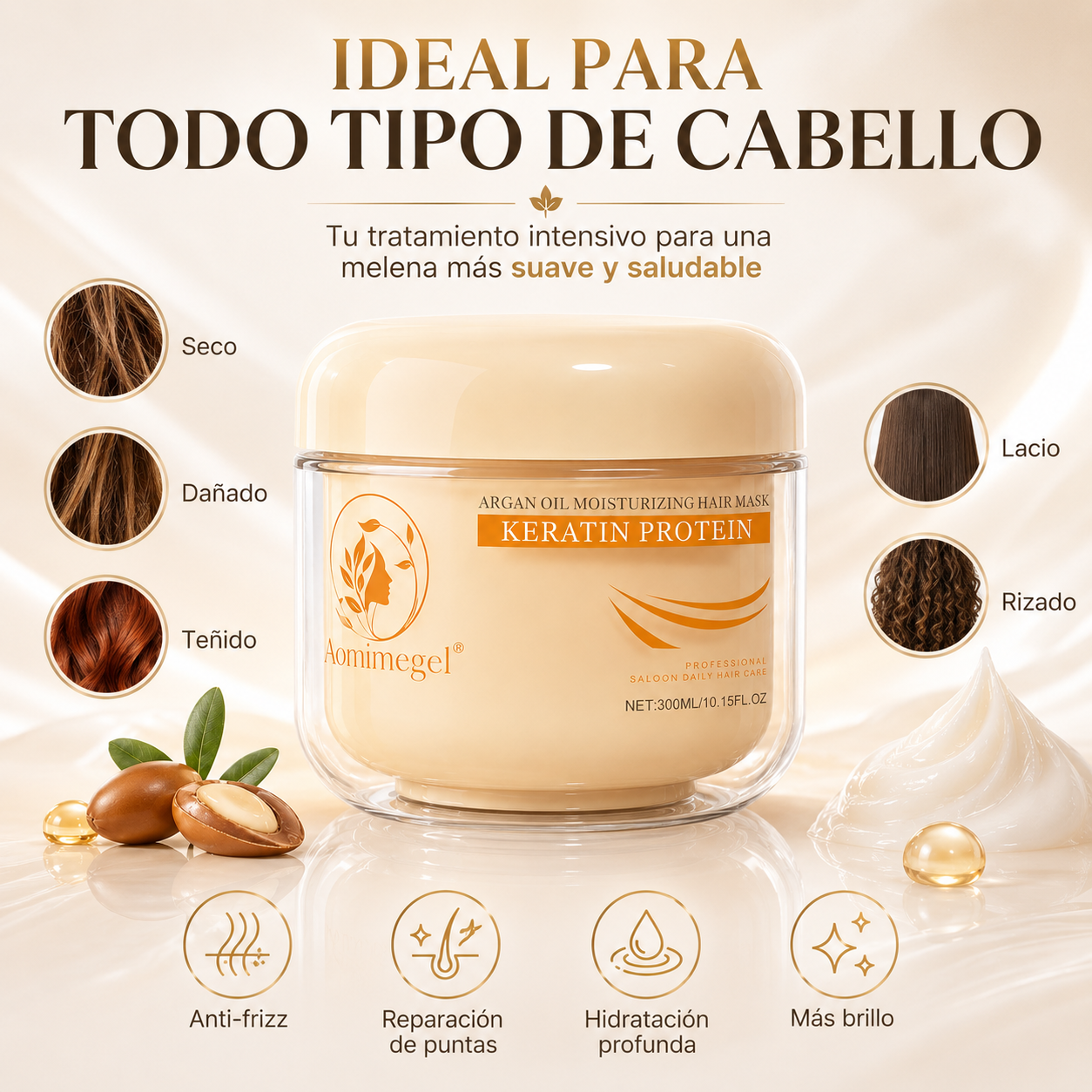 Mascarilla Capilar Aomimegel con Colágeno, Keratina y Aceite de Argán